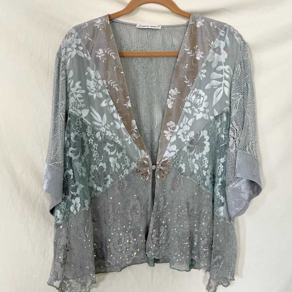 Spencer Alexis Blue Gray Silk Blend Open Front Lace Floral Mesh Cardigan XL